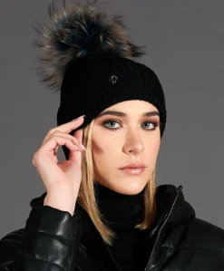 Donna D'Arienzo Taylor - Cappello in lana nera con pompon in pelliccia multicolor