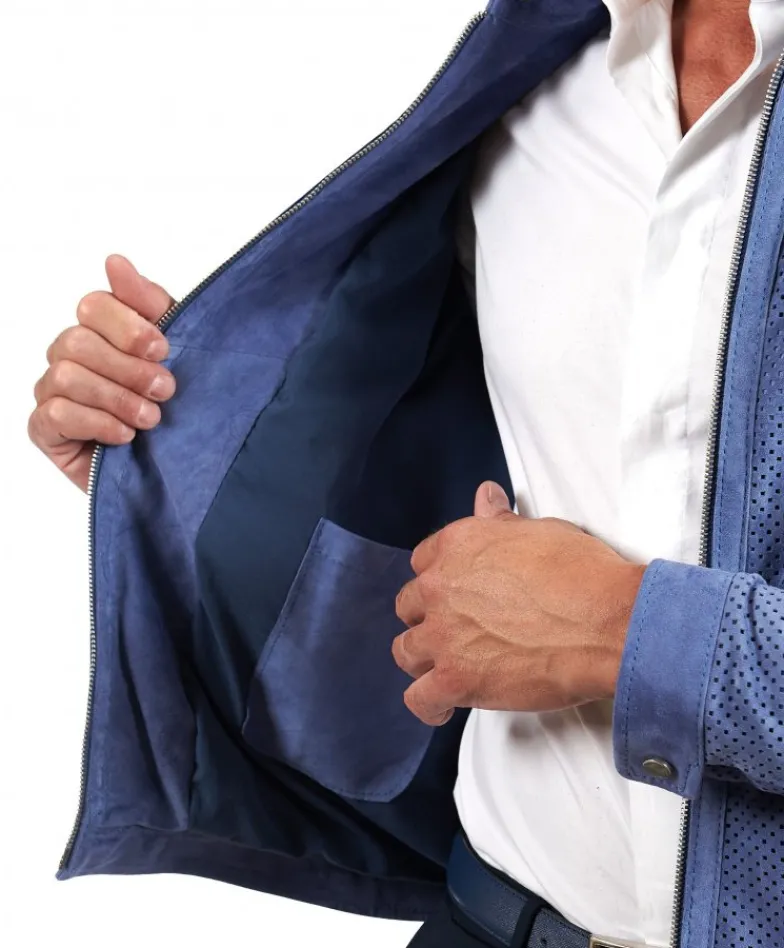 Uomo D'Arienzo Ted - Giacca in pelle camoscio traforato colore denim