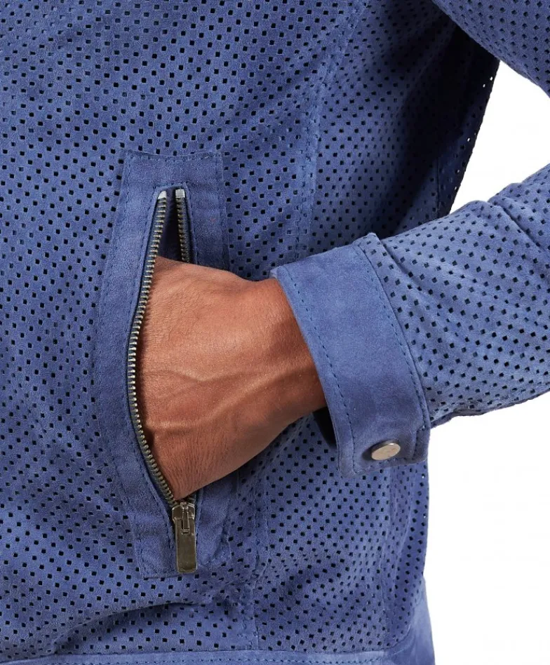Uomo D'Arienzo Ted - Giacca in pelle camoscio traforato colore denim