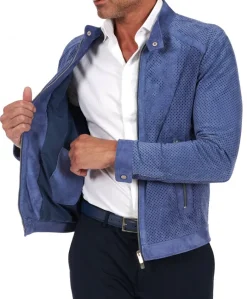 Uomo D'Arienzo Ted - Giacca in pelle camoscio traforato colore denim
