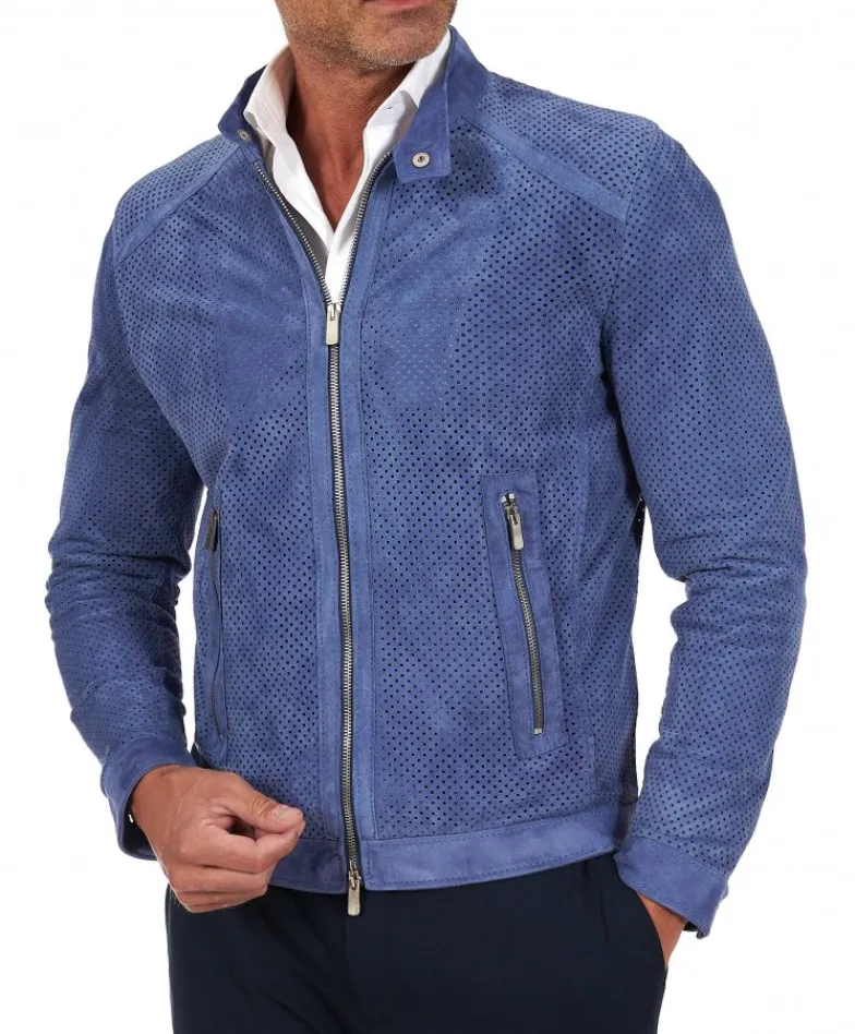 Uomo D'Arienzo Ted - Giacca in pelle camoscio traforato colore denim
