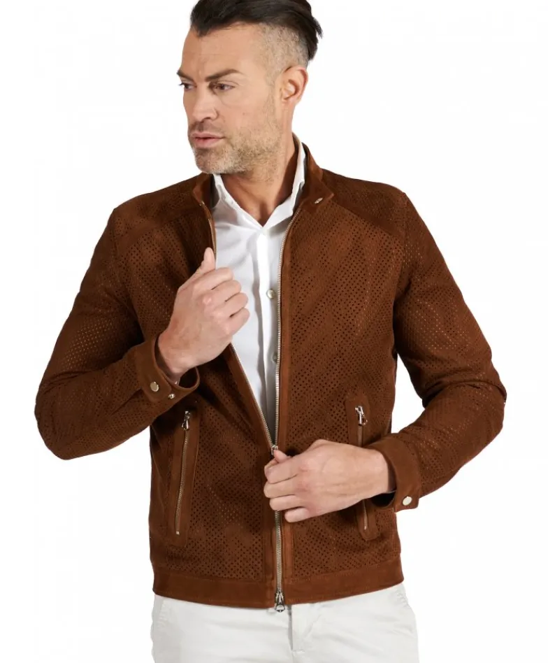 Uomo D'Arienzo Ted - Giacca in pelle camoscio traforato colore cuoio