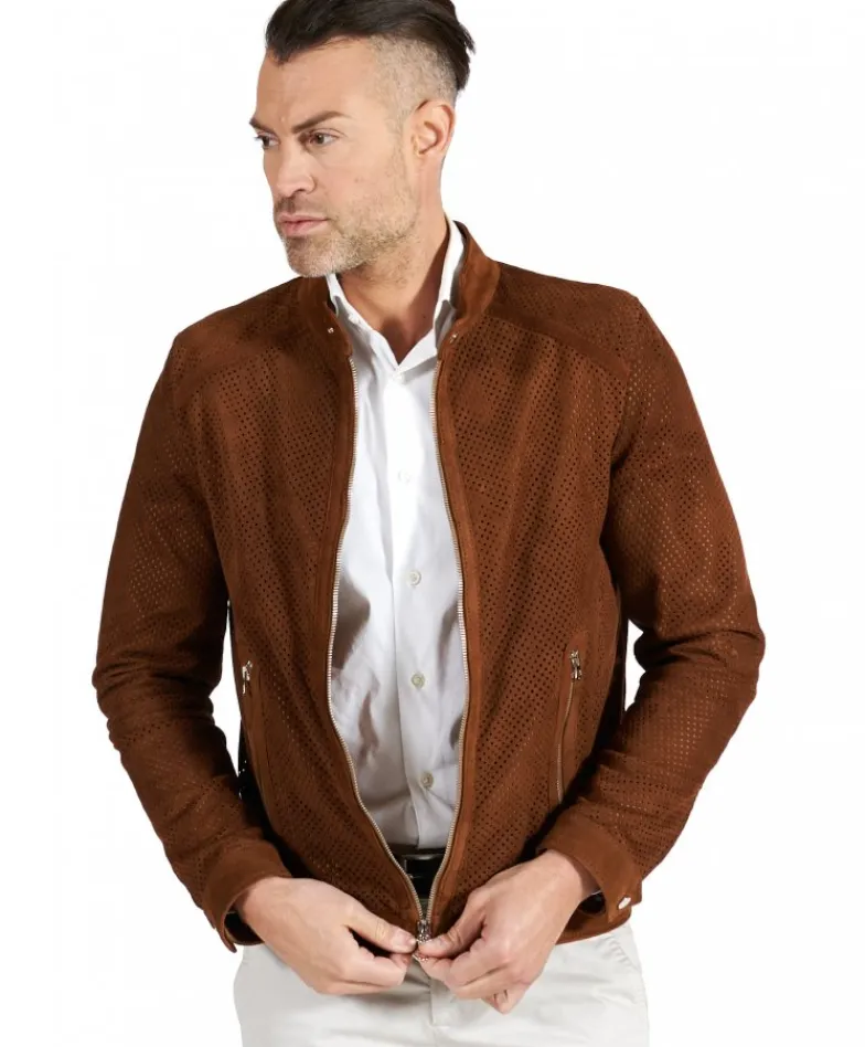 Uomo D'Arienzo Ted - Giacca in pelle camoscio traforato colore cuoio