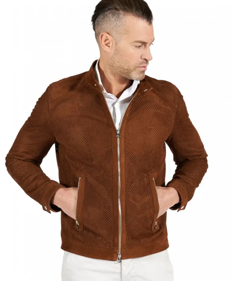 Uomo D'Arienzo Ted - Giacca in pelle camoscio traforato colore cuoio