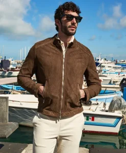 Uomo D'Arienzo Ted - Giacca in pelle camoscio traforato colore fango