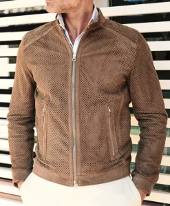 Uomo D'Arienzo Ted - Giacca in pelle camoscio traforato colore fango