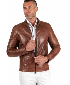 Uomo D'Arienzo Ted - Giacca in pelle colore cuoio effetto vintage collo coreana