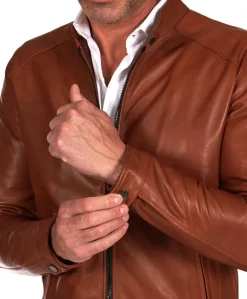 Uomo D'Arienzo Ted - Giacca in pelle naturale colore cuoio effetto liscio collo coreana