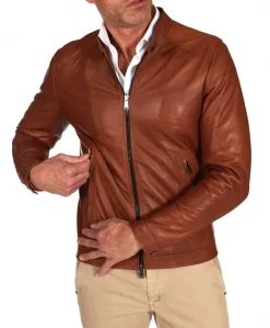 Uomo D'Arienzo Ted - Giacca in pelle naturale colore cuoio effetto liscio collo coreana