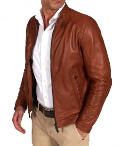 Uomo D'Arienzo Ted - Giacca in pelle naturale colore cuoio effetto liscio collo coreana