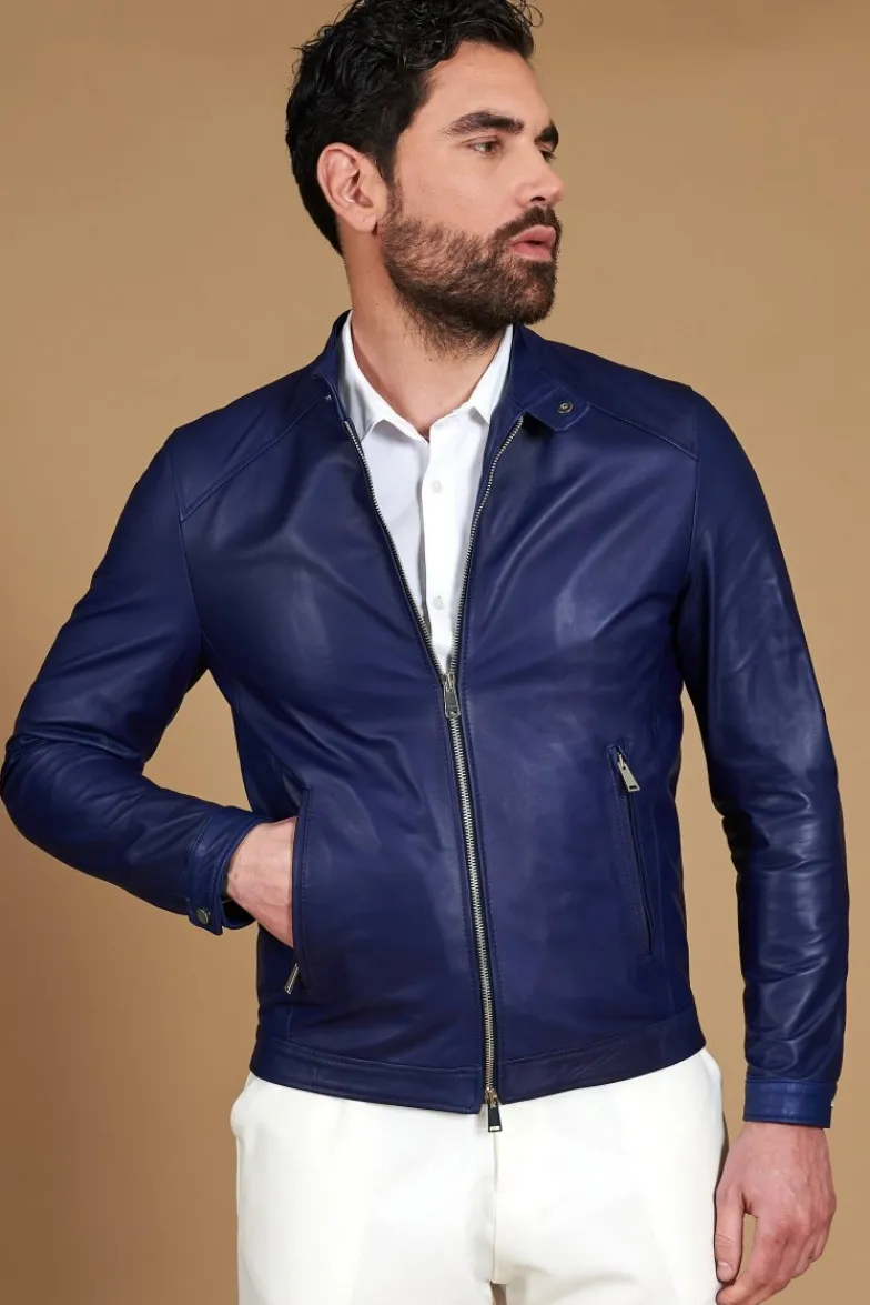 Uomo D'Arienzo Ted - Giacca in pelle naturale bluette effetto liscio