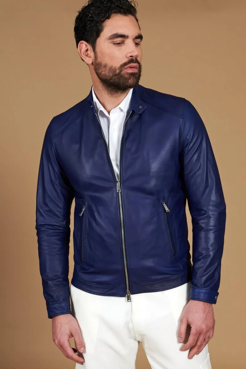 Uomo D'Arienzo Ted - Giacca in pelle naturale bluette effetto liscio