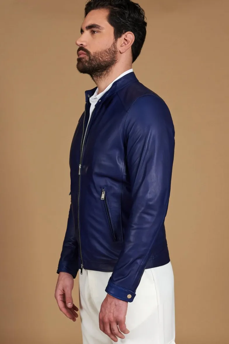 Uomo D'Arienzo Ted - Giacca in pelle naturale bluette effetto liscio