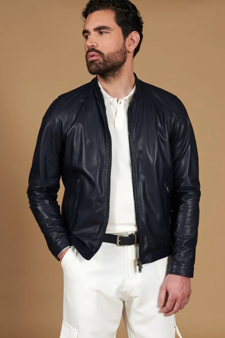 Uomo D'Arienzo Ted - Giacca in pelle naturale blu effetto liscio