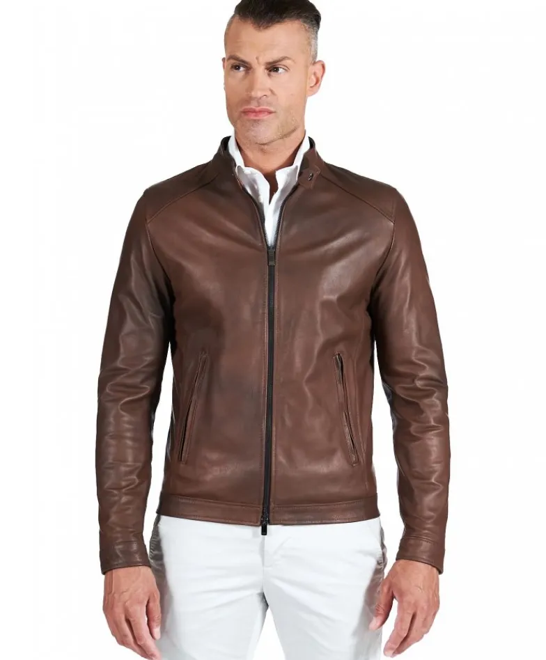 Uomo D'Arienzo Ted - Giacca in pelle naturale marrone nuvolato effetto vintage