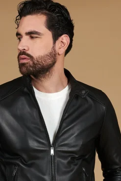 Uomo D'Arienzo Ted - Giacca in pelle nera nappa effetto liscio collo coreana