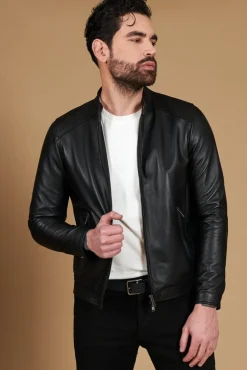 Uomo D'Arienzo Ted - Giacca in pelle nera nappa effetto liscio collo coreana