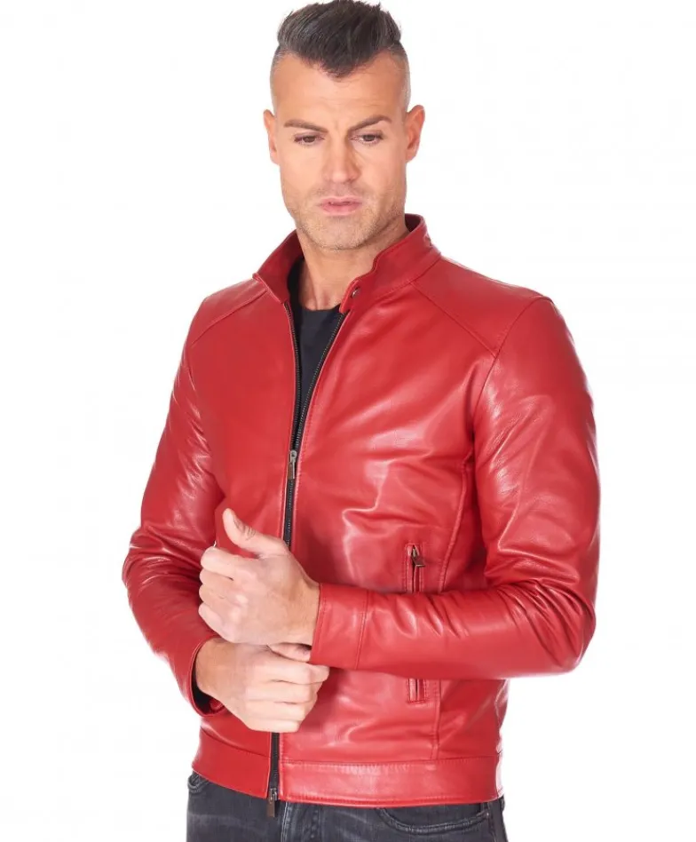 Uomo D'Arienzo Ted - Giacca in pelle rossa nappa effetto liscio collo coreana