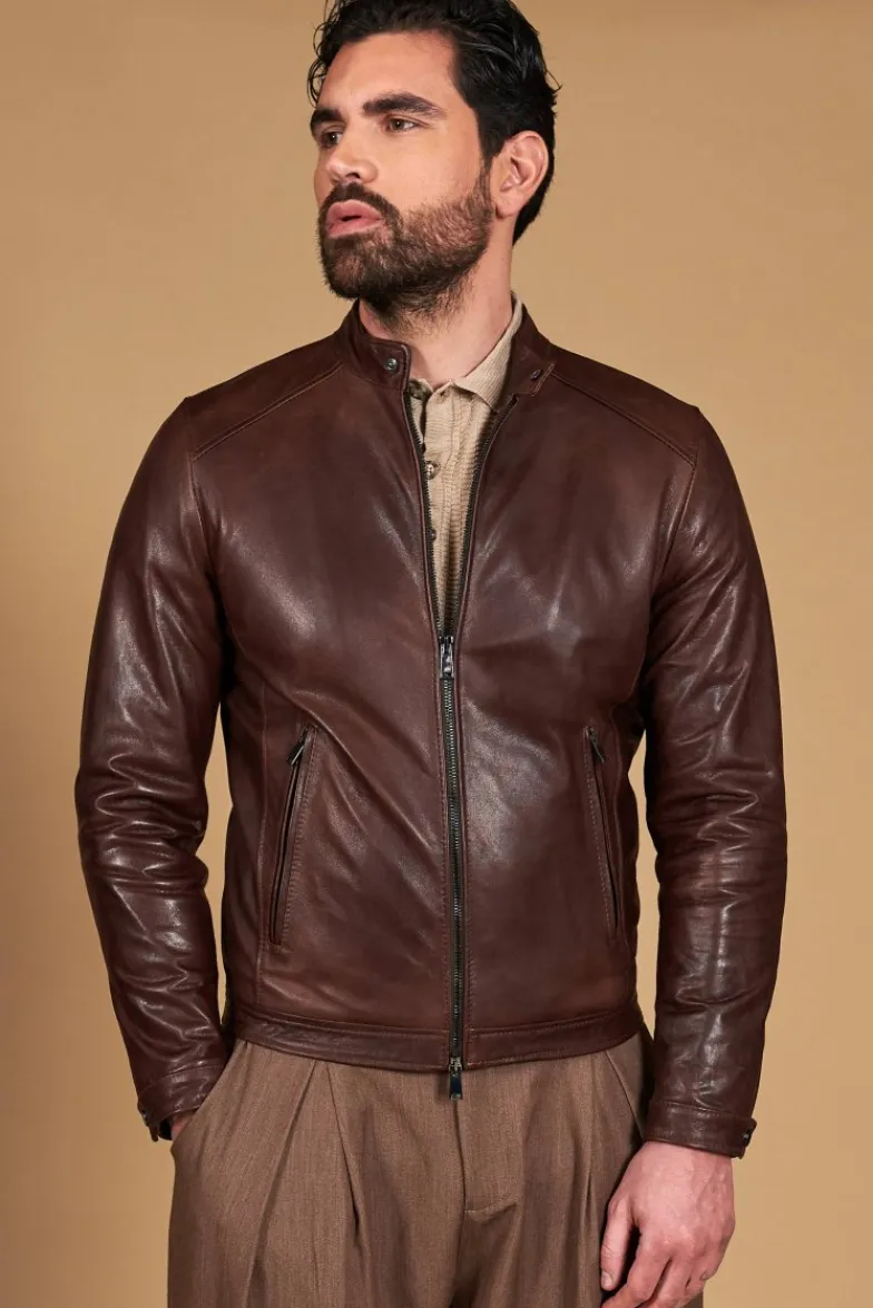 Uomo D'Arienzo Ted - Giacca in pelle testa di moro effetto vintage collo coreana
