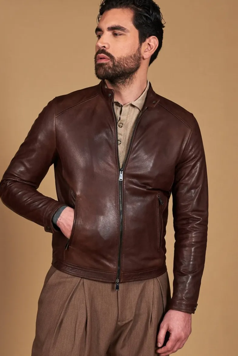 Uomo D'Arienzo Ted - Giacca in pelle testa di moro effetto vintage collo coreana