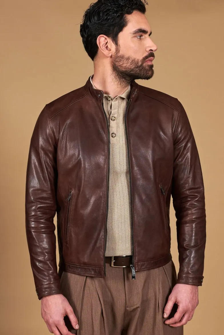 Uomo D'Arienzo Ted - Giacca in pelle testa di moro effetto vintage collo coreana