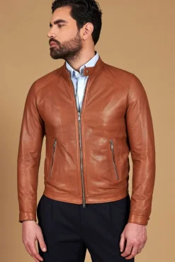 Uomo D'Arienzo Ted - Giacca in pelle traforata color cuoio nappa effetto liscio