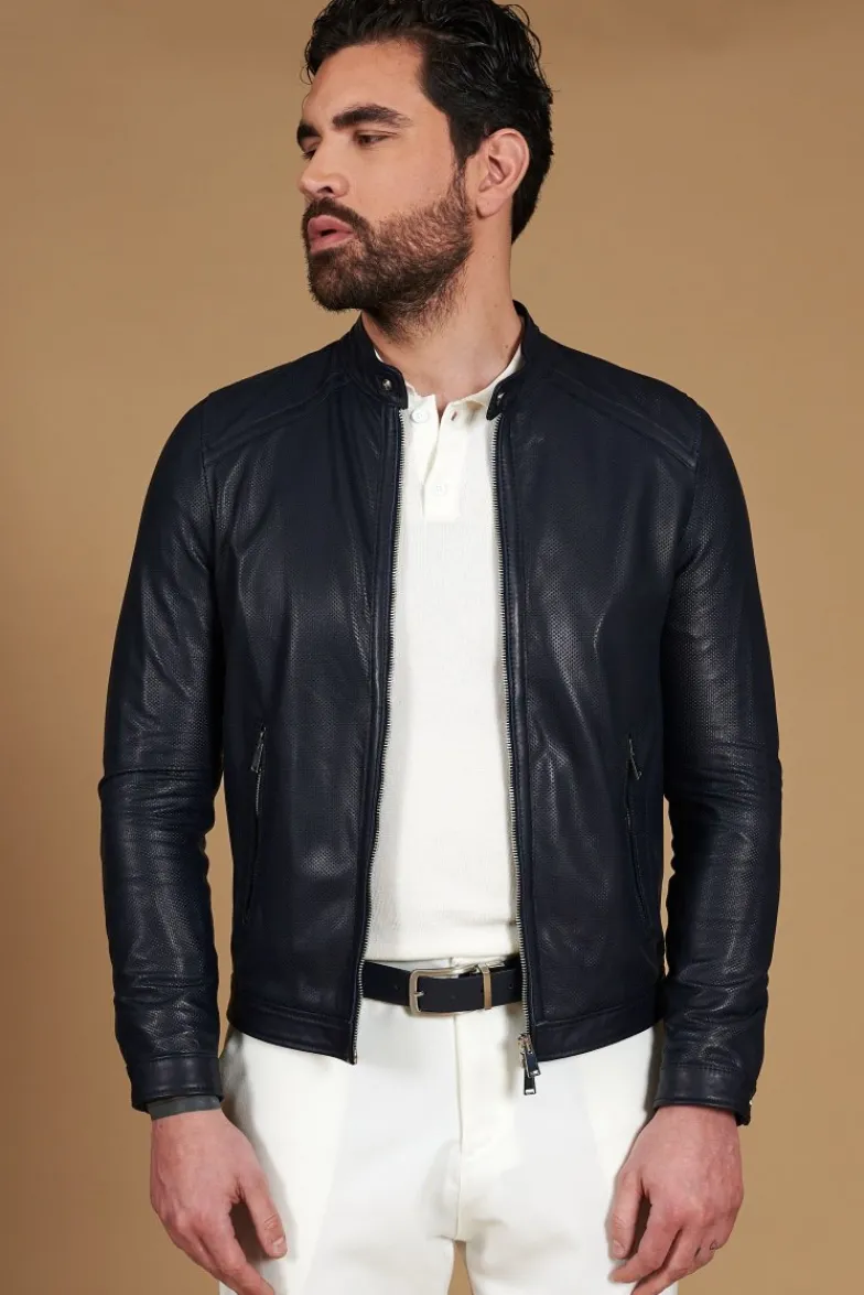 Uomo D'Arienzo Ted - Giacca in pelle traforata blu nappa effetto liscio