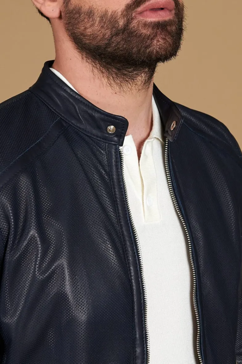 Uomo D'Arienzo Ted - Giacca in pelle traforata blu nappa effetto liscio
