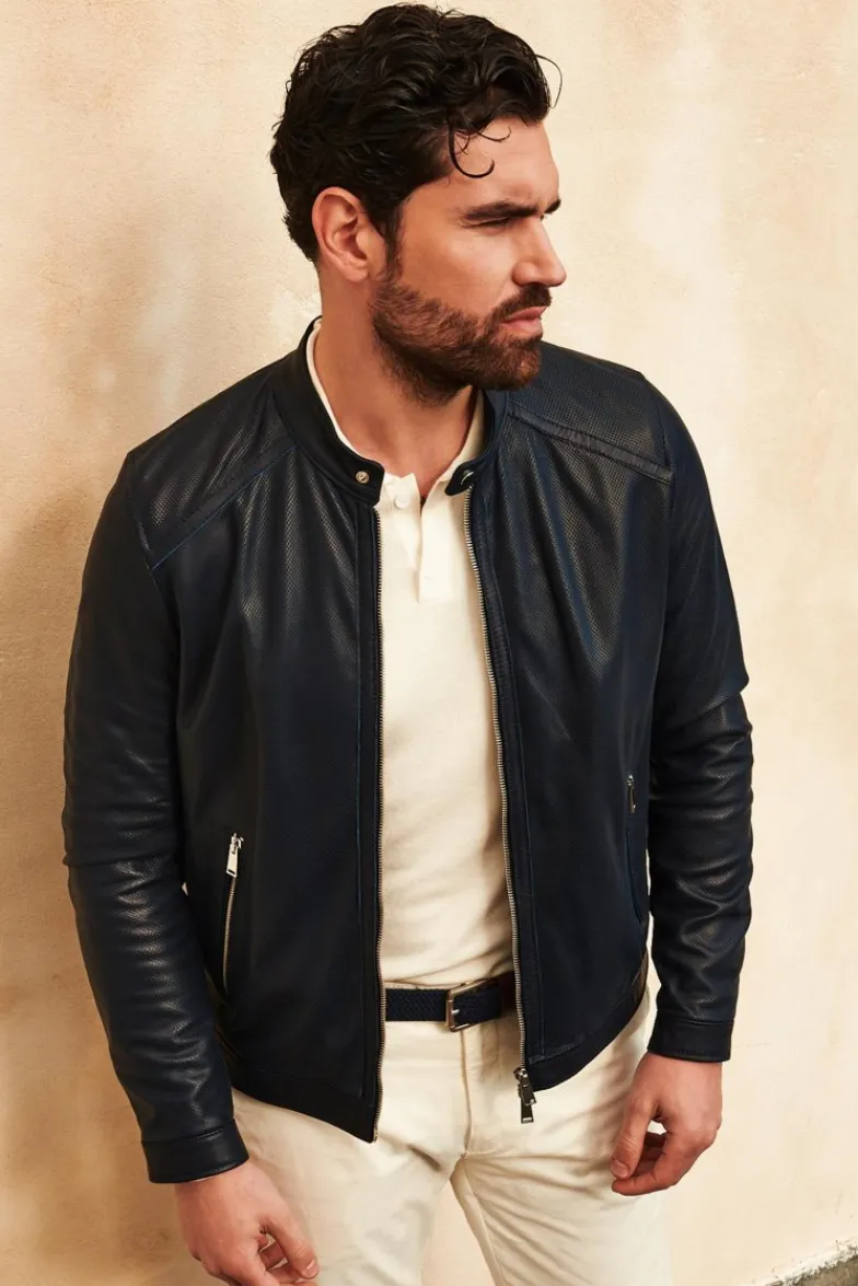 Uomo D'Arienzo Ted - Giacca in pelle traforata blu nappa effetto liscio