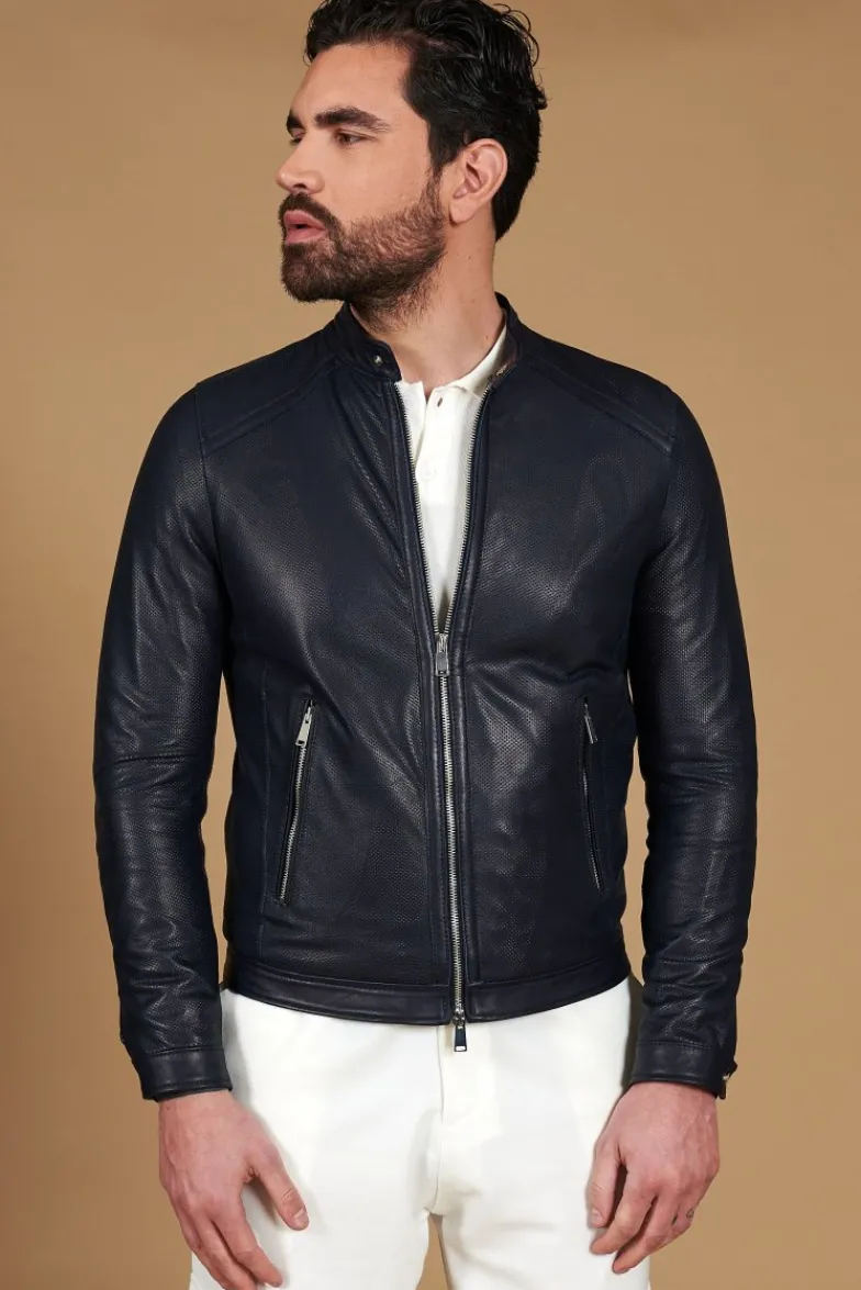 Uomo D'Arienzo Ted - Giacca in pelle traforata blu nappa effetto liscio
