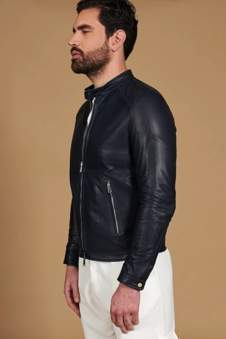 Uomo D'Arienzo Ted - Giacca in pelle traforata blu nappa effetto liscio