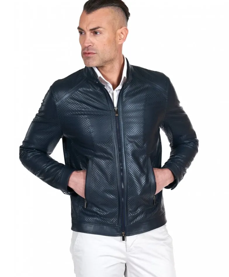 Uomo D'Arienzo Ted - Giacca in pelle traforata blu nappa effetto liscio