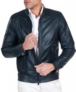 Uomo D'Arienzo Ted - Giacca in pelle traforata blu nappa effetto liscio