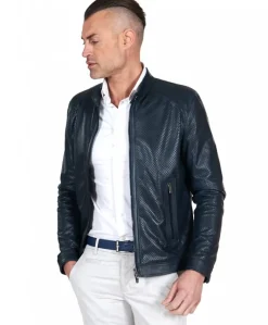 Uomo D'Arienzo Ted - Giacca in pelle traforata blu nappa effetto liscio