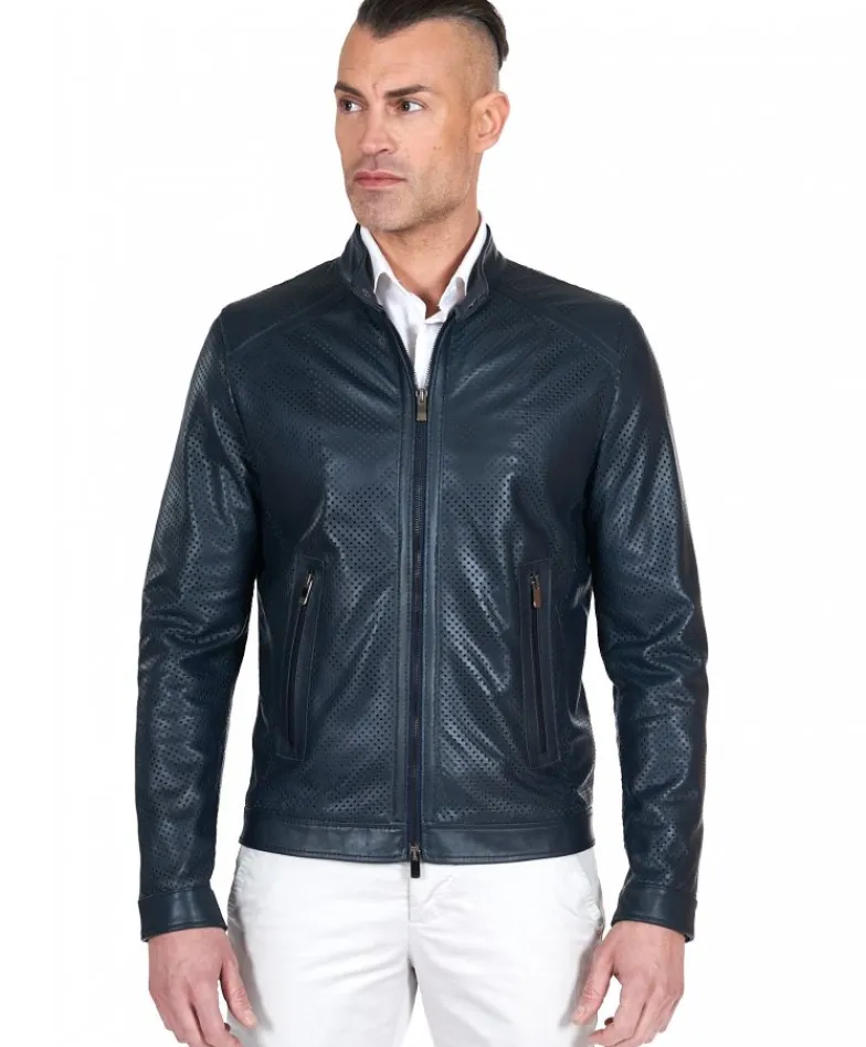 Uomo D'Arienzo Ted - Giacca in pelle traforata blu nappa effetto liscio