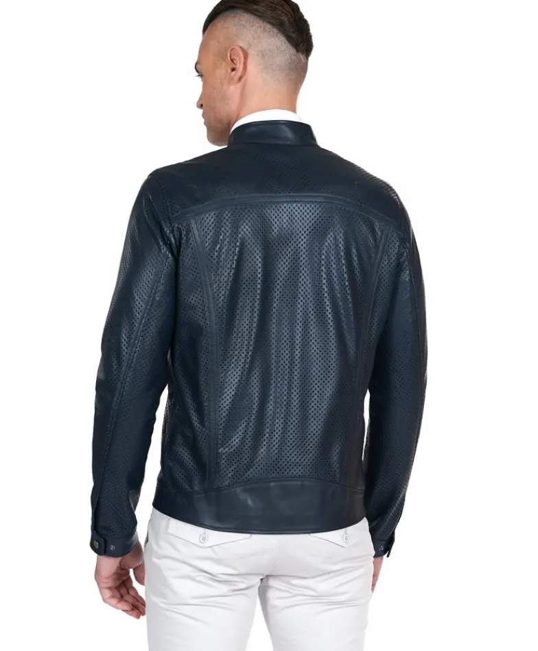 Uomo D'Arienzo Ted - Giacca in pelle traforata blu nappa effetto liscio