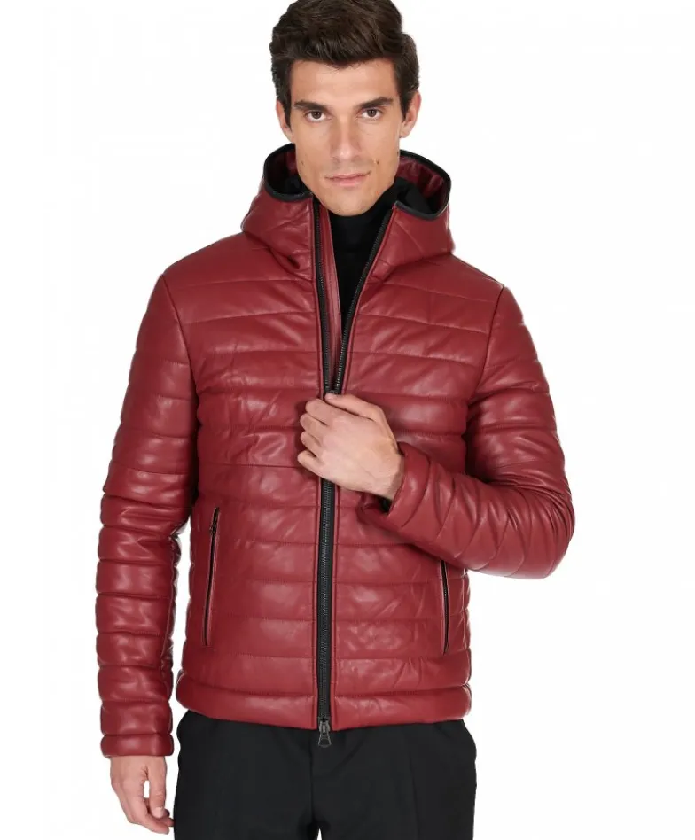 Uomo D'Arienzo Teo - Piumino in pelle bordeaux con cappuccio