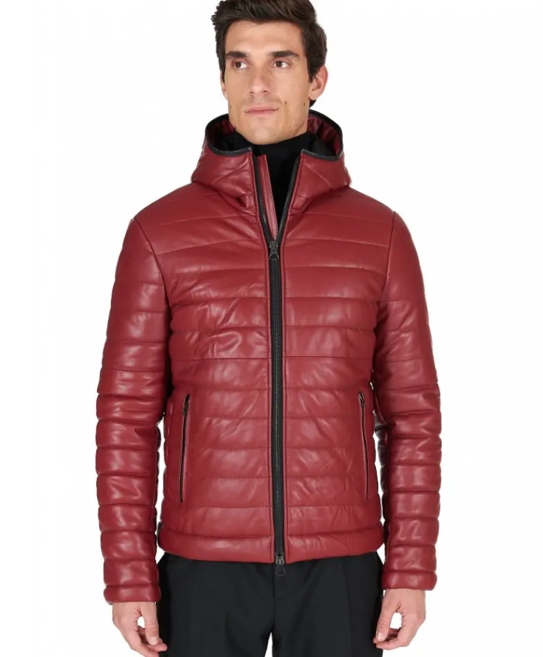 Uomo D'Arienzo Teo - Piumino in pelle bordeaux con cappuccio