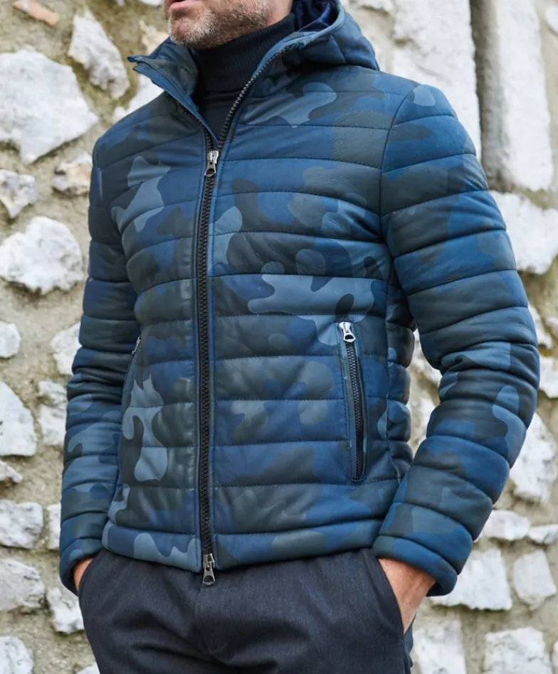 Uomo D'Arienzo Teo - Piumino in pelle mimetica blu con cappuccio