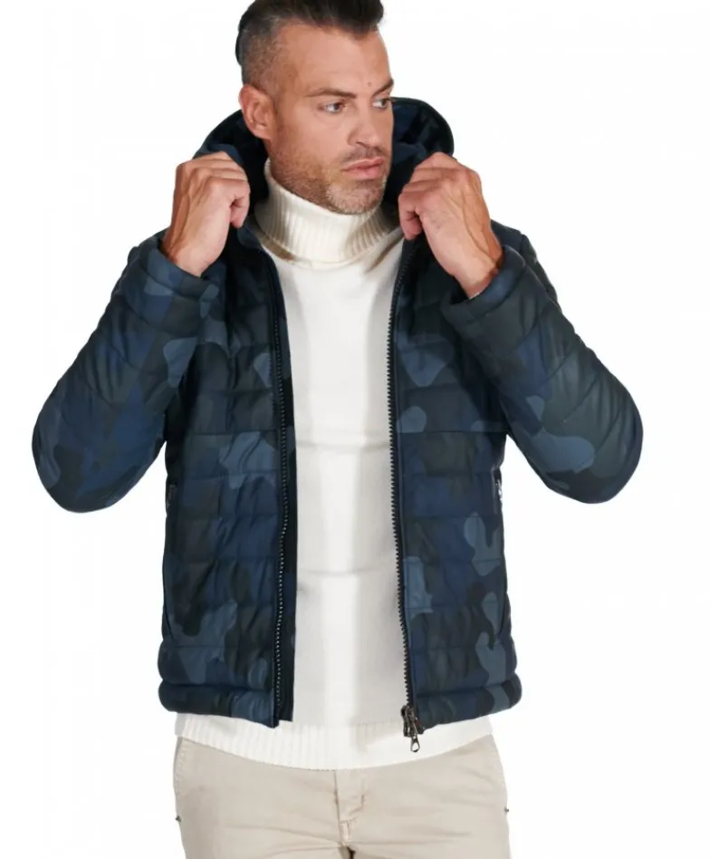 Uomo D'Arienzo Teo - Piumino in pelle mimetica blu con cappuccio