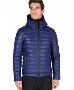 Uomo D'Arienzo Teo - Piumino in pelle naturale bluette con cappuccio