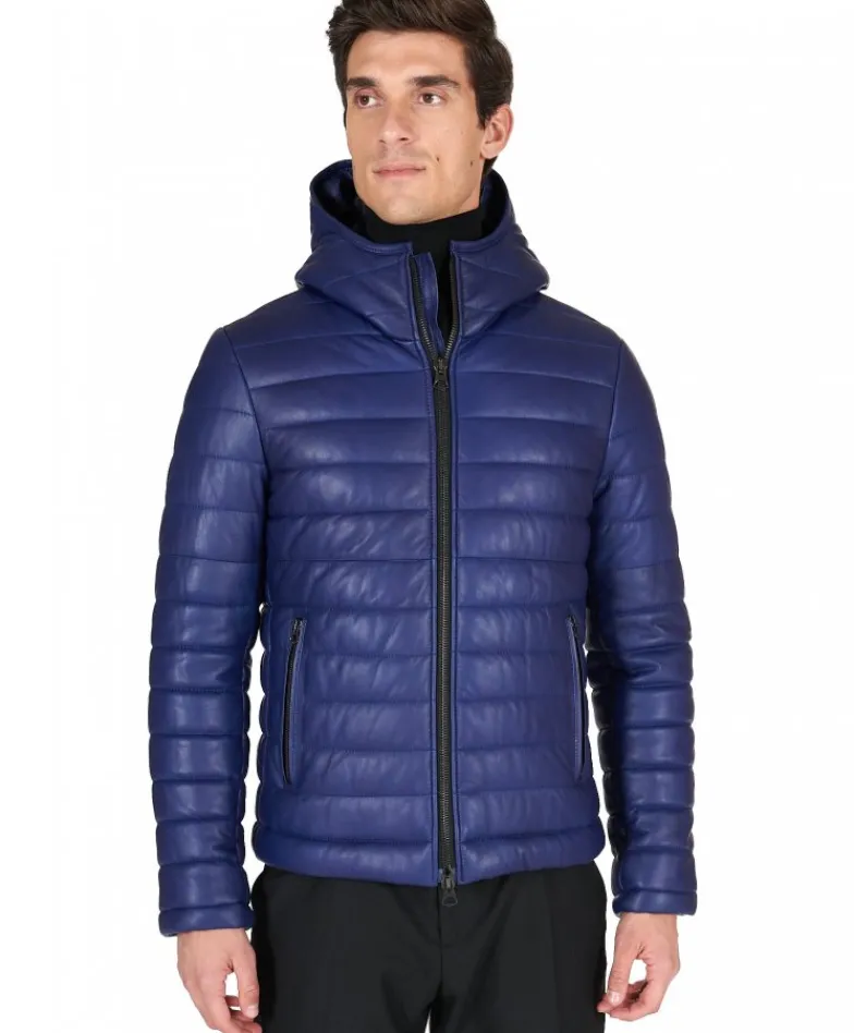 Uomo D'Arienzo Teo - Piumino in pelle naturale bluette con cappuccio