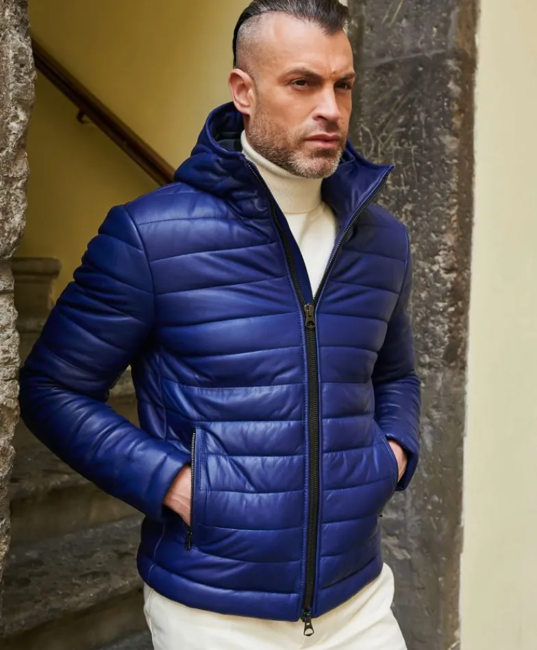 Uomo D'Arienzo Teo - Piumino in pelle naturale bluette con cappuccio