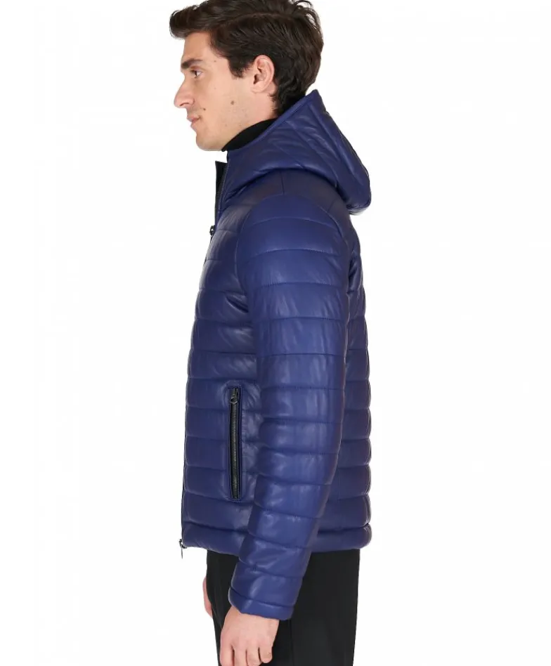 Uomo D'Arienzo Teo - Piumino in pelle naturale bluette con cappuccio