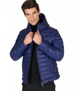 Uomo D'Arienzo Teo - Piumino in pelle naturale bluette con cappuccio