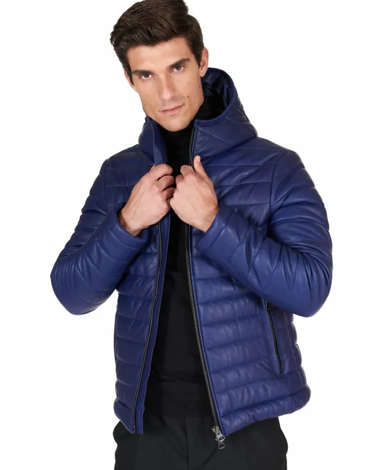 Uomo D'Arienzo Teo - Piumino in pelle naturale bluette con cappuccio