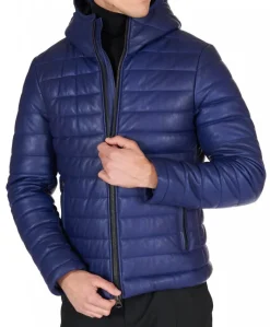 Uomo D'Arienzo Teo - Piumino in pelle naturale bluette con cappuccio