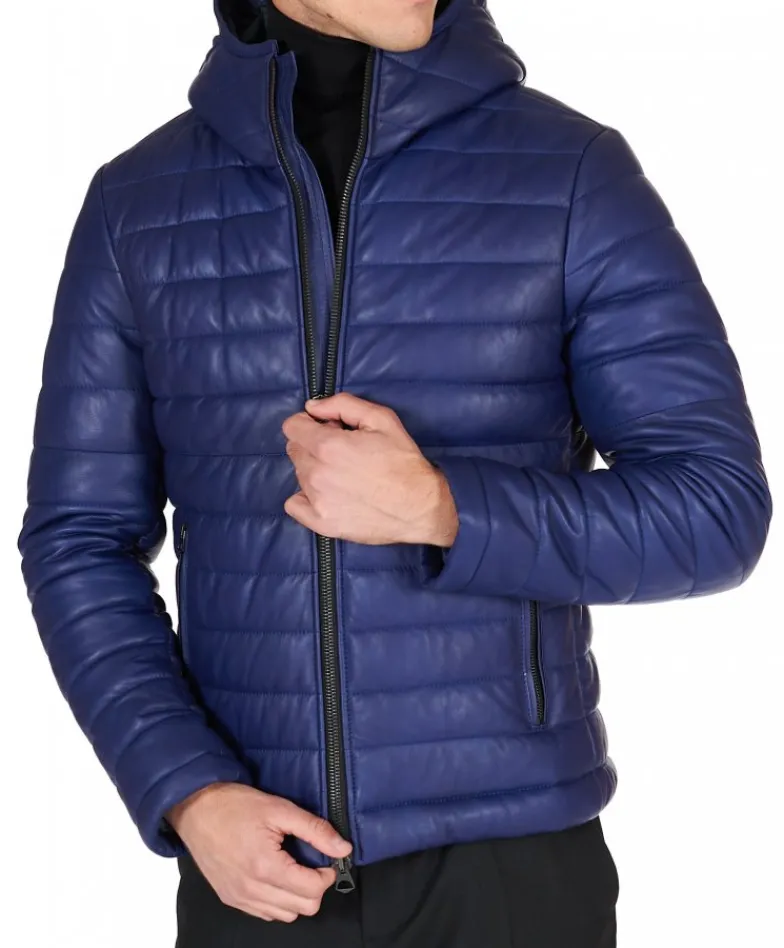 Uomo D'Arienzo Teo - Piumino in pelle naturale bluette con cappuccio