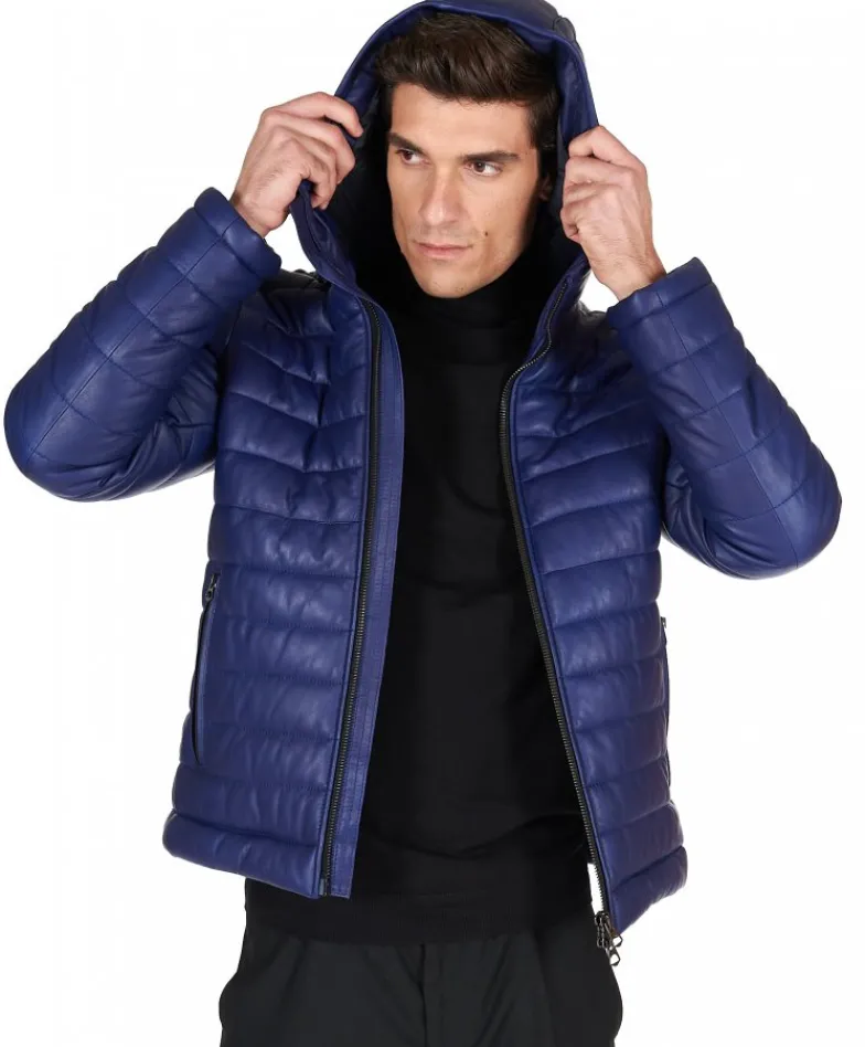 Uomo D'Arienzo Teo - Piumino in pelle naturale bluette con cappuccio