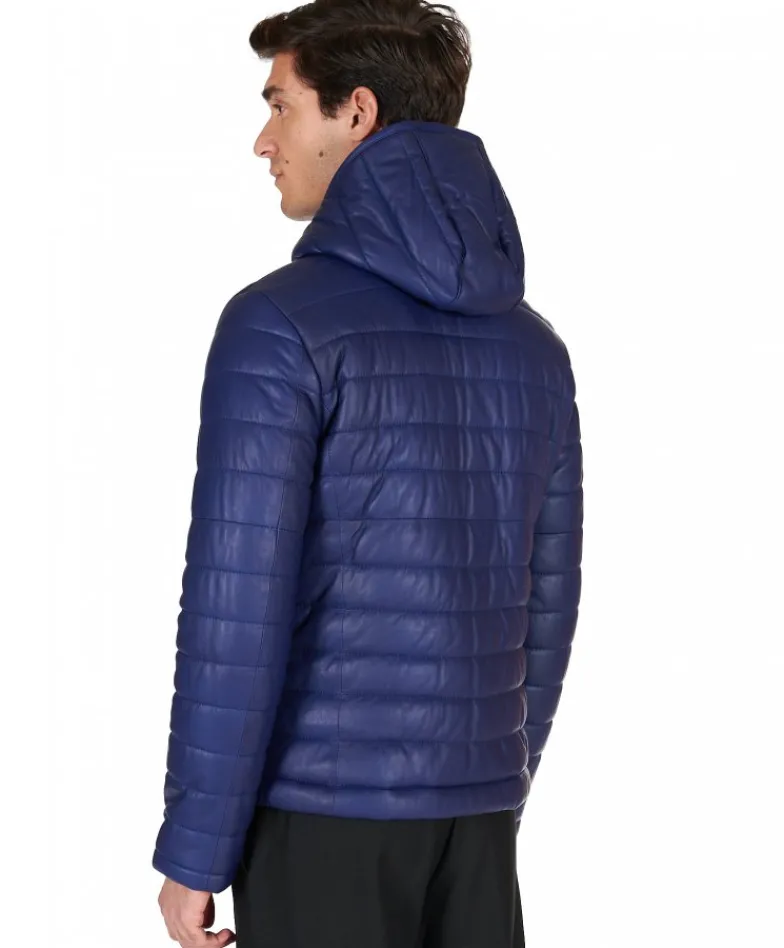 Uomo D'Arienzo Teo - Piumino in pelle naturale bluette con cappuccio